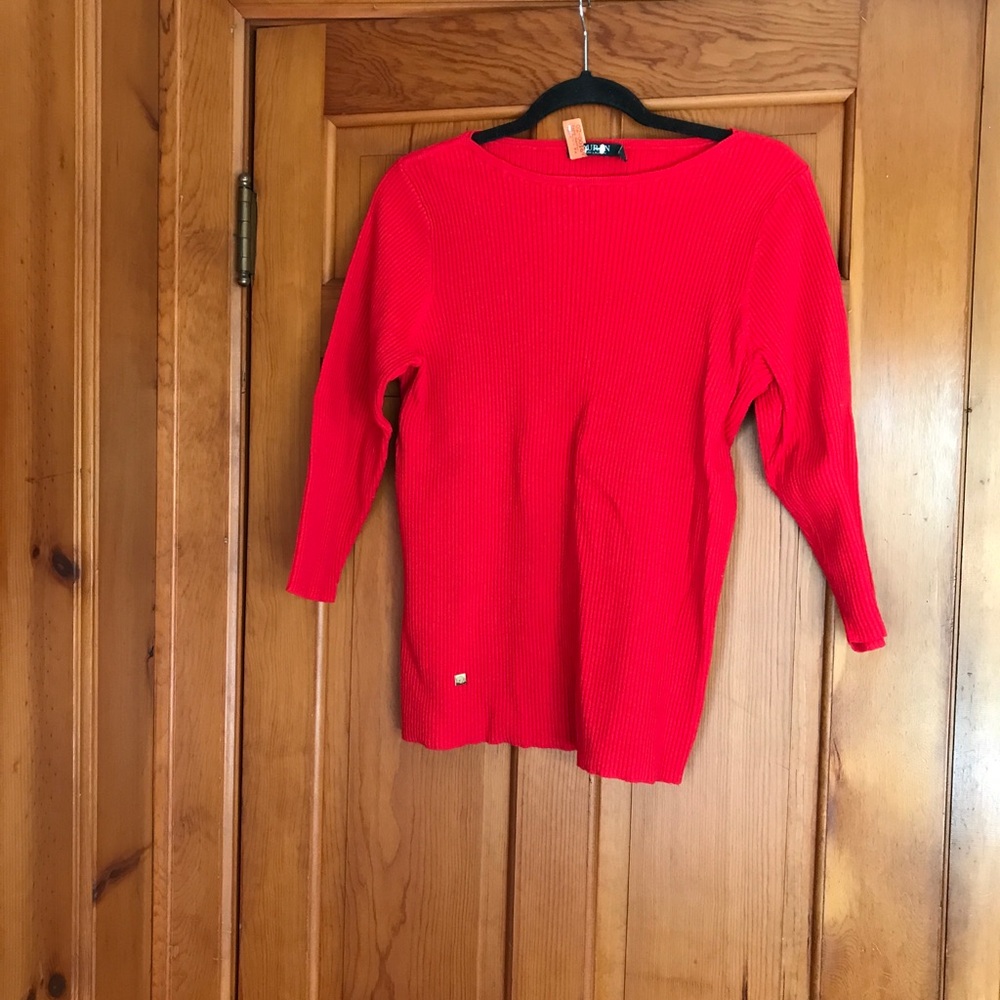 Lauren Ralph Lauren Red Crew Neck Sweater, Ribbed Texture, 3/4 Sleeves, Size 1X.